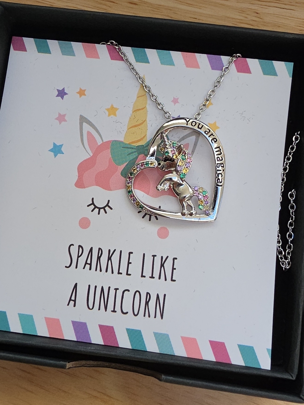 Silver Heart Unicorn Pendant Necklace - Multicolor Crystals #10